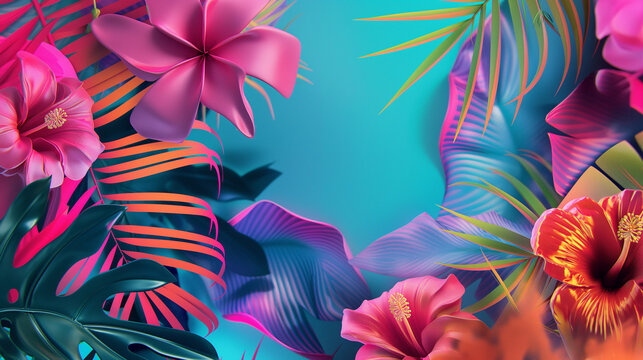 Colorful background with flowers, Vibrant Summer Themed 3D Abstract Background, Background design of tropical cyberpunk, 