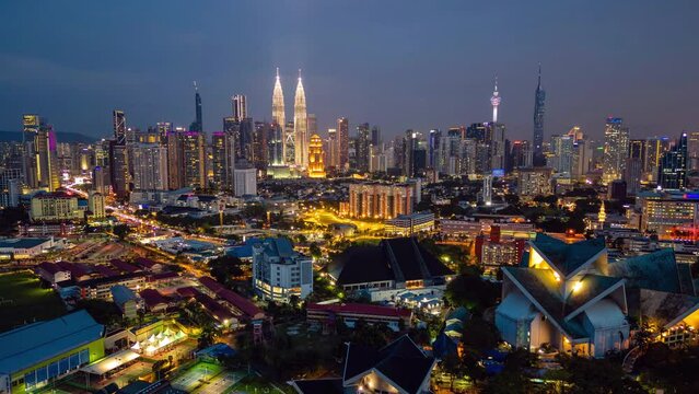 Aerial hyperlapse, dronelapse video of Kuala Lumpur at night