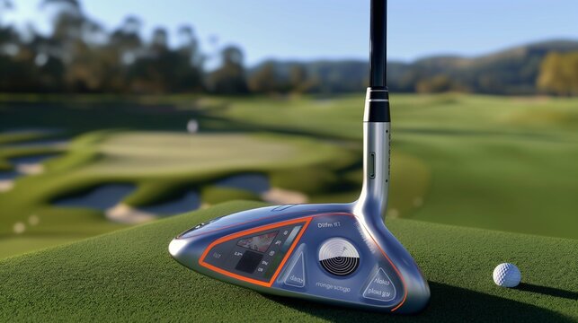 A digital golf club that records swing speed and angle, showcased on a golf course with a virtual coach interface on a nearby tablet.