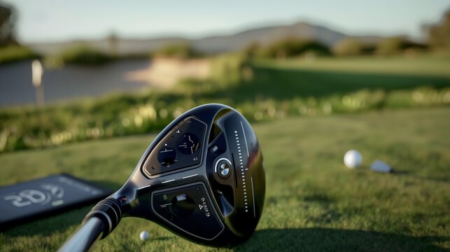 A digital golf club that records swing speed and angle, showcased on a golf course with a virtual coach interface on a nearby tablet.