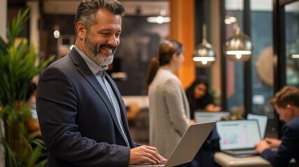 Happy middle aged business man ceo wearing suit standing in office using digital tablet. Smiling mature businessman professional executive manager looking away thinking working on tech device.