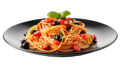 Spaghetti alla puttanesca on black plate isolated on transparent background