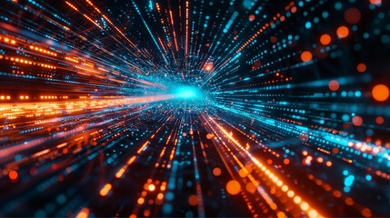 Naklejka premium A vibrant digital illustration representing high-speed travel or data transfer through a tunnel of light and color