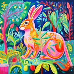 Obraz premium Colorful illustration of a rabbit in a vibrant forest, with lush plants and flowers in a whimsical style.