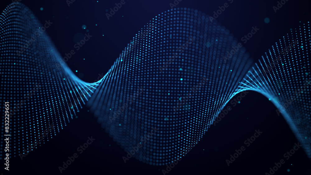 Poster a wave of blue particles. big data. abstract dynamic background. 3d rendering.