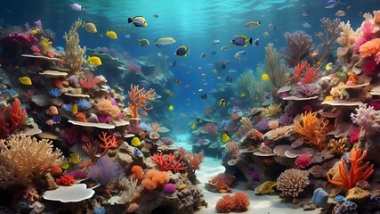 Imagine a vibrant coral reef, detailing the various types of coral, fish, and marine creatures that inhabit it.
