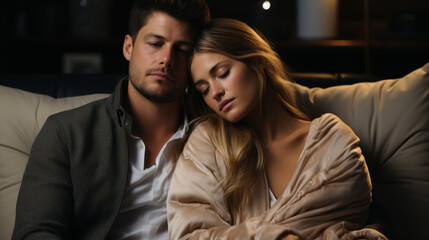Fototapeta premium An intimate image of a man and woman embracing comfortably on a couch, symbolizing closeness and affection