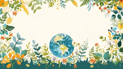 Illustration of Earth surrounded by colorful foliage and plants, symbolizing nature and the environment with ample whitespace.