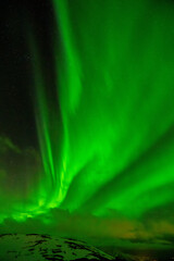 Polar lights, Aurora borealis in green over mountains, Norway