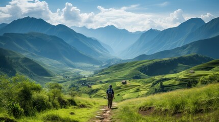 A traveler stands admiring a lush green valley with rice terraces and mountains
