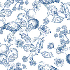 Seamless pattern with apples, flowers and birds. Doves.