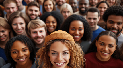 Obraz premium Overhead View of Diverse Smiling Faces Promoting Unity