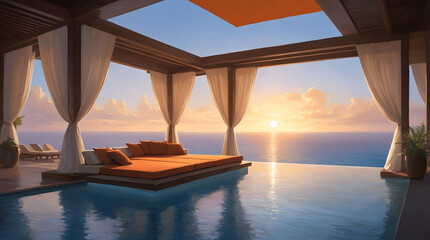 Fototapeta premium a pool with a view of the ocean and the sun shining through the curtains