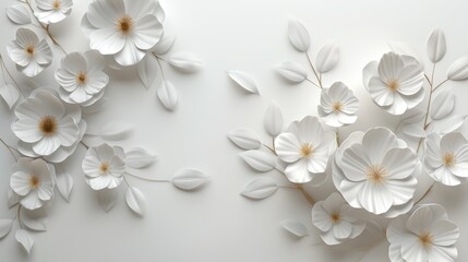 Elegant white paper flowers with leaves on a clean background, perfect for modern design projects, wedding invitations, and home decor.