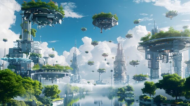 A futuristic city with floating gardens and hovercars