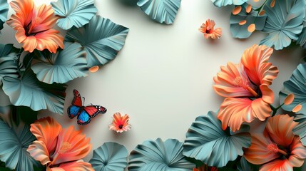 Vibrant floral arrangement with orange hibiscus flowers, green leaves, and butterflies on light background, perfect for aesthetic designs and decor.