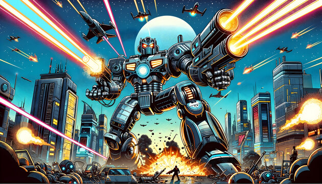 A giant robot defending a futuristic city from alien invaders with laser beams, in vibrant comic style.