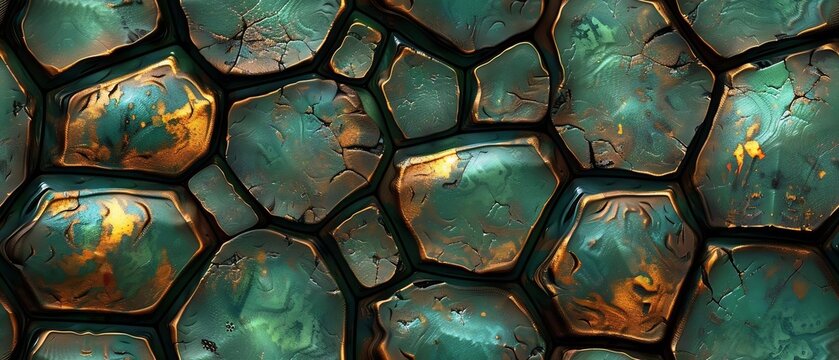 seamless pattern of turtle shell, reptile print texture,  green and brown shell background, wallpaper .	
