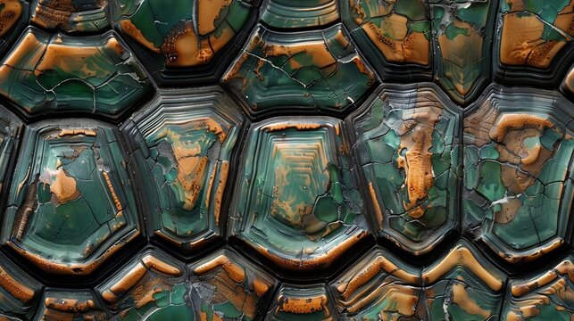 seamless pattern of turtle shell, reptile print texture,  green and brown shell background, wallpaper .	
