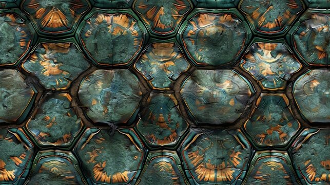 seamless pattern of turtle shell, reptile print texture,  green and brown shell background, wallpaper .	
