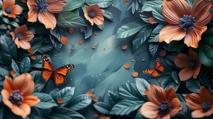 Vibrant monarch butterflies flutter among lush, orange flowers and green foliage, creating a serene and colorful natural scene.