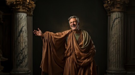 Naklejka premium A man in a toga strikes a pose reminiscent of a classical Roman orator against a dramatic backdrop with columns