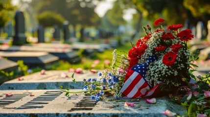 Patriotic Floral Tribute at Serene Cemetery on Sunny Day