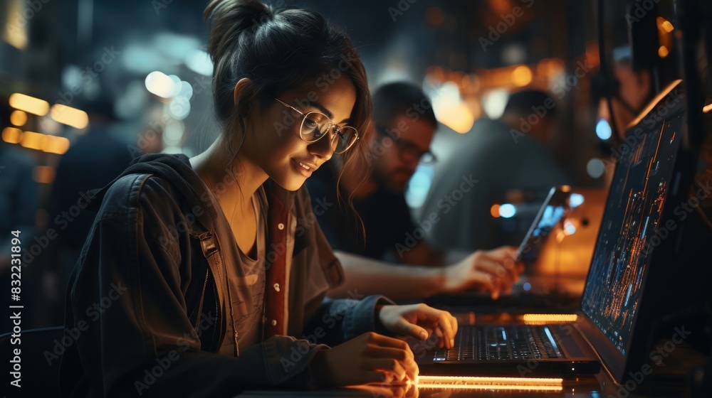 Poster person with obscured face working at a computer in a dimly lit office environment, indicating techno