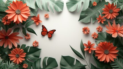 Vibrant paper art of orange flowers and a monarch butterfly on a white background, surrounded by lush green leaves, evoking nature's beauty.