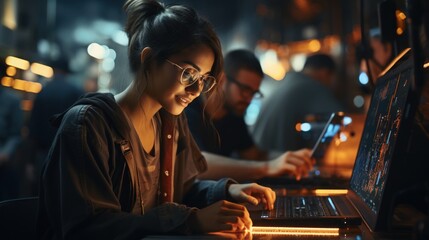 Person with obscured face working at a computer in a dimly lit office environment, indicating technology use