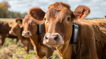 Cattle wearing smart collars for health monitoring and behavior analysis, enhancing precision livestock farming practices. --ar 16:9 --style raw Job ID: c977f49a-ef71-41af-8c54-af47c8f0911f