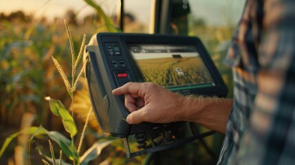 Close-up of a farmer adjusting Variable Rate Technology (VRT) settings on a digital display, highlighting advanced crop management.