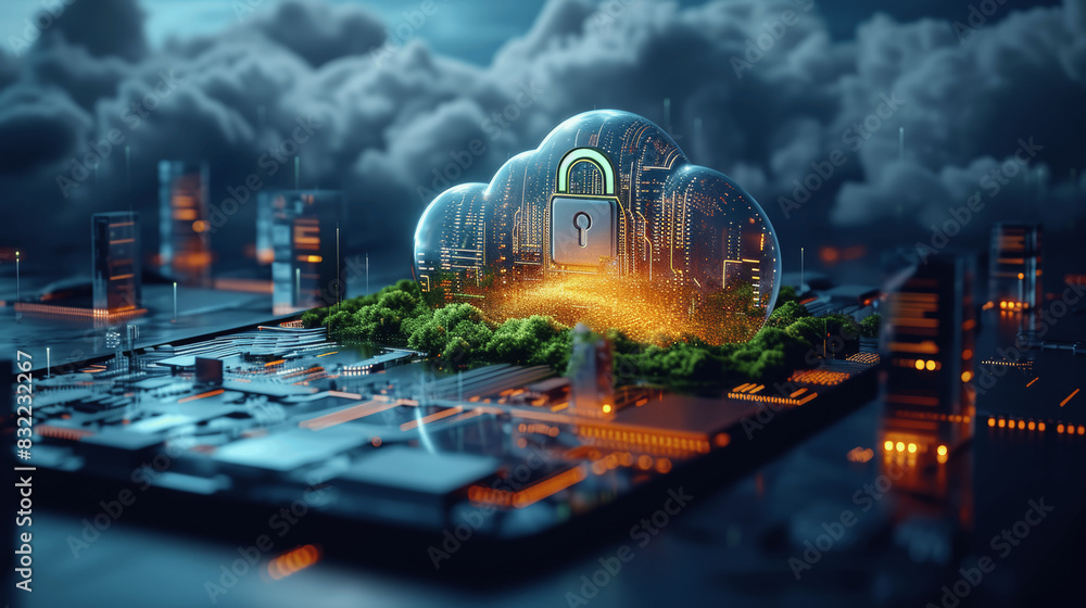 Aufkleber digital illustration of cloud security and data protection in a cyberpunk setting