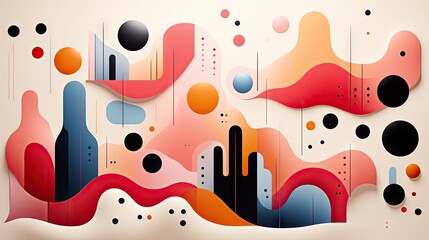 A modern abstract paper cut design with 3D shapes, fluid forms, and bold colors representing dynamism