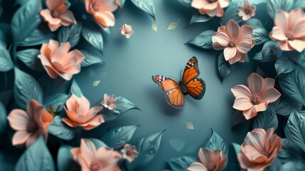 Vibrant butterfly surrounded by blooming flowers and lush leaves, symbolizing beauty and nature in a captivating floral scene.