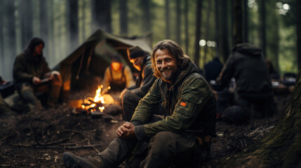 A content man enjoying the serenity of a campfire in a forest setting, representing adventure and outdoor life