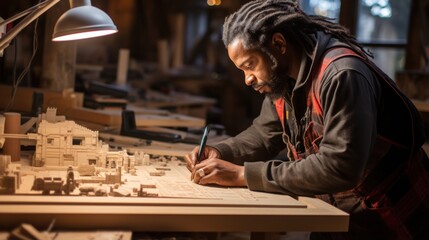 A focused architect working diligently on an intricate architectural model, detailed craftsmanship in ambient lighting