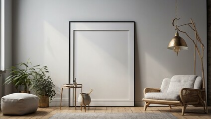 A tastefully decorated Scandinavian-style interior with an armchair, golden hanging lamp, and large empty frame on a wall