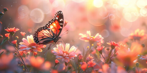 Beautiful butterfly perched on a vibrant flower in a sunlit meadow, surrounded by colorful blossoms and warm golden light, creating a serene and enchanting scene
