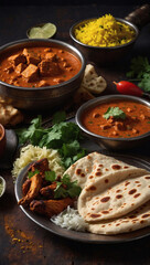 Traditional Indian food on dark rustic background, Chicken Tikka Masala, Palak Paneer, Saffron Rice, Lentil Soup, Pita Bread, and spices.