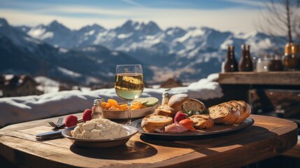 Gourmet food and wine presented on a table with an alpine mountain backdrop