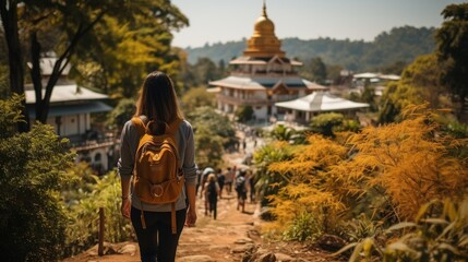 A female traveler with a backpack gazes towards a golden pagoda temple at the end of a pathway
