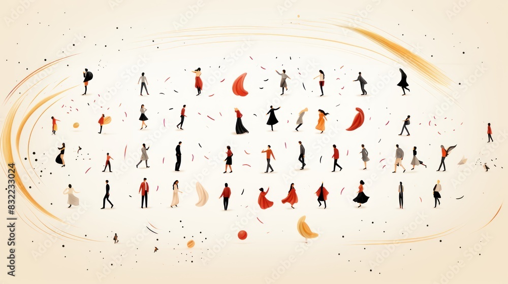Poster digitally-created abstract representation of figures swirling around amidst confetti and warm color 
