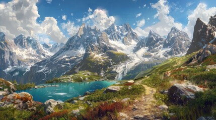 Naklejka premium A path winding along the mountain ridge towards the summit with a blue glacier pond to the right and a range of mountains to the left