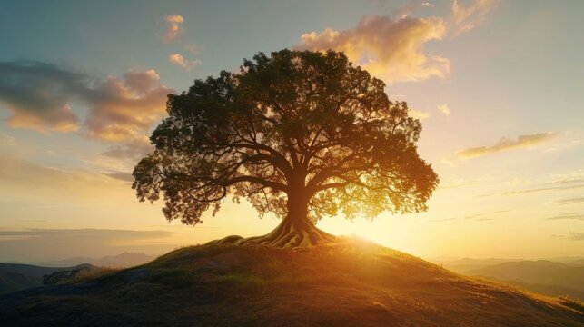 Depict the patience of long-term investing with an image of a majestic oak tree growing steadily over time, symbolizing the power of compound interest 