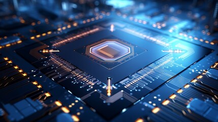 Quantum computing technology: close-up of optical cpu processing light signals with glowing qubits and laser rays transmitting digital data in a processor, abstract tech background

