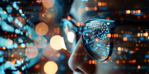 Computer, coding hologram, and man in data analytics, IT overlay, or html at night. Computer programmer or IT researcher in glasses reading software script, cybersecurity research