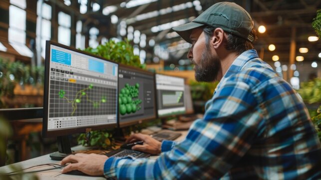 Farm manager analyzing crop data on a computer dashboard, utilizing Farm Management Information Systems (FMIS) for decision-making. 