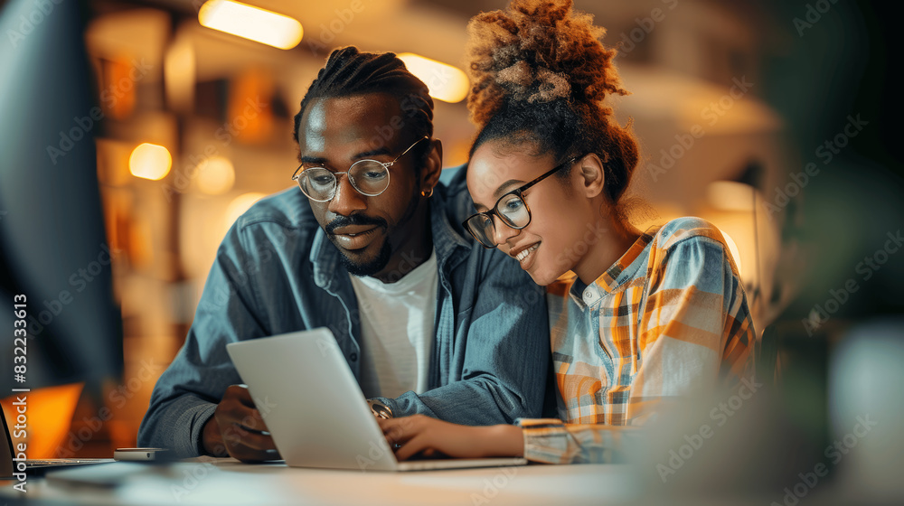 Poster diverse team collaborates on app development using laptop in office