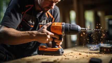 A close-up of hands holding a power drill, drilling into a piece of wood, with wood shavings flying